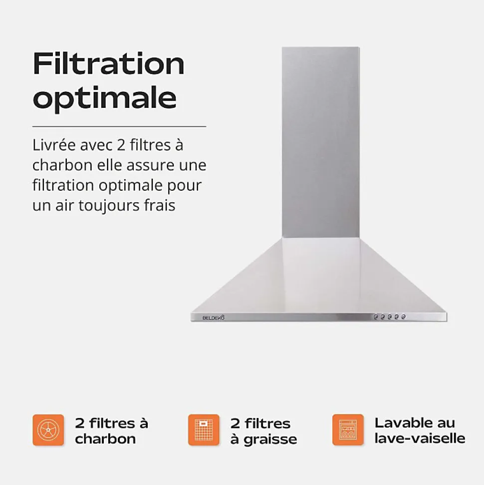 Hotte de Cuisine Décorative Inox 60cm - Pyramide 338 m3/h - Evacuation ou Recyclage