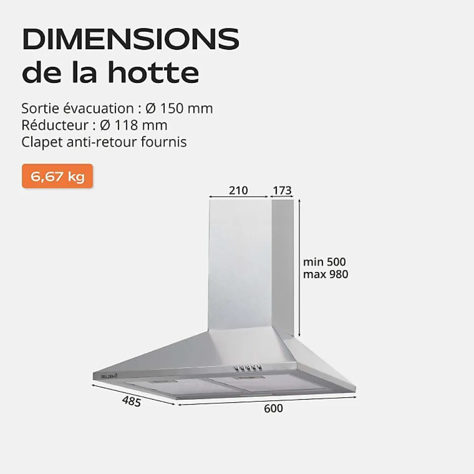Hotte de Cuisine Décorative Inox 60cm - Pyramide 338 m3/h - Evacuation ou Recyclage