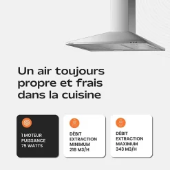 Hotte de Cuisine Décorative Inox 90cm - Pyramide 338 m3/h - Evacuation ou Recyclage