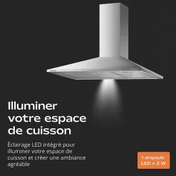 Hotte de Cuisine Décorative Inox 90cm - Pyramide 338 m3/h - Evacuation ou Recyclage