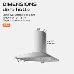 Hotte de Cuisine Décorative Inox 90cm - Pyramide 338 m3/h - Evacuation ou Recyclage