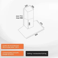 HOTTE DECORATIVE MURALE 90 CM - VERRE ET INOX - 559 m3 - 200W - 60dB