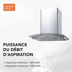 HOTTE DECORATIVE MURALE 60 CM - VERRE ET INOX - 559 m3 - 200W - 60dB