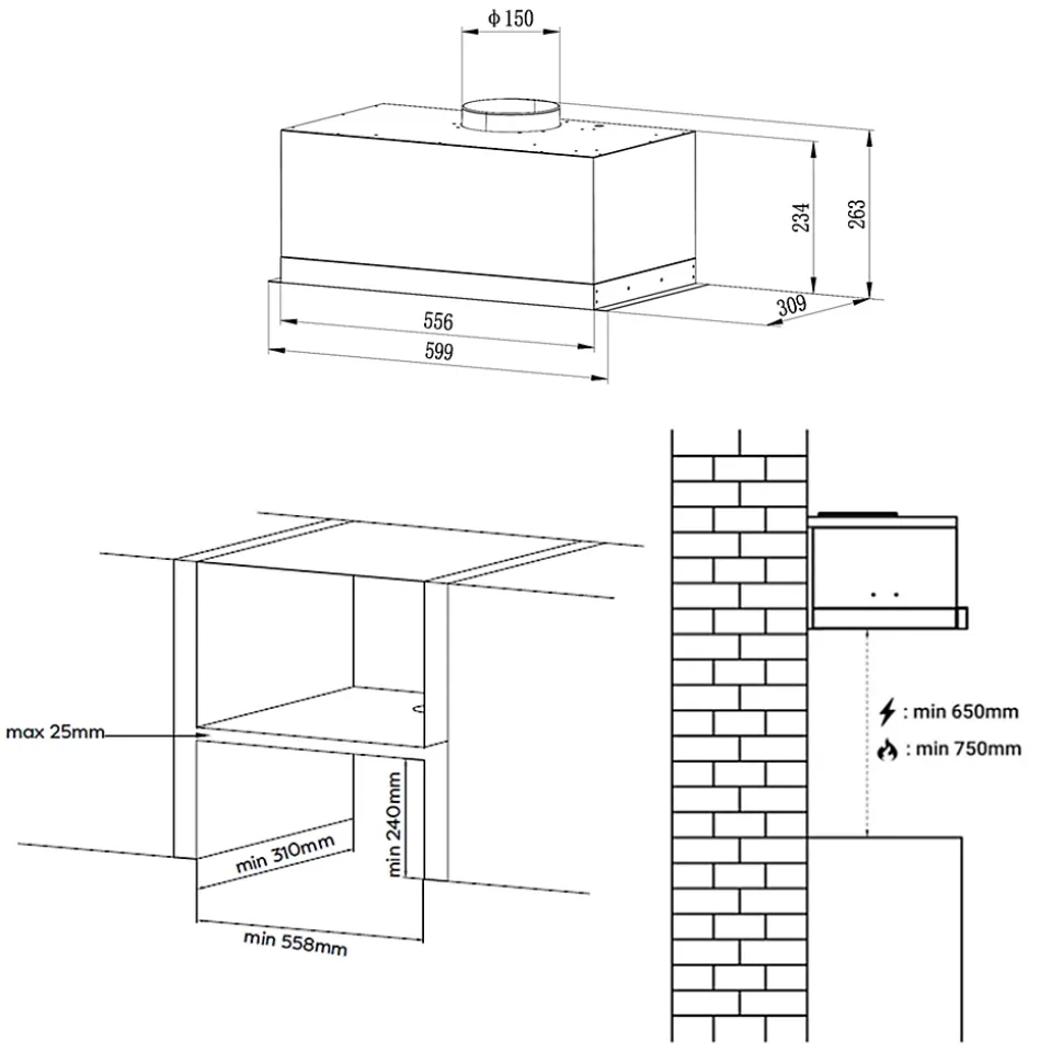 Hotte encastrable 60cm 650m3/h 3 vitesses groupe filtrant évacuation ou recyclage inox Ciarra CD6926AS