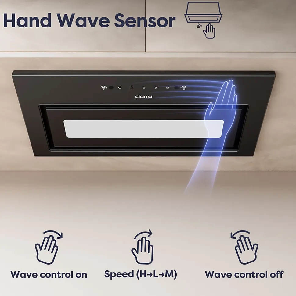 Hotte encastrable 52cm 460m3/h 3 Vitesses groupe filtrant controle tactile ou par geste Ciarra CD5931BK