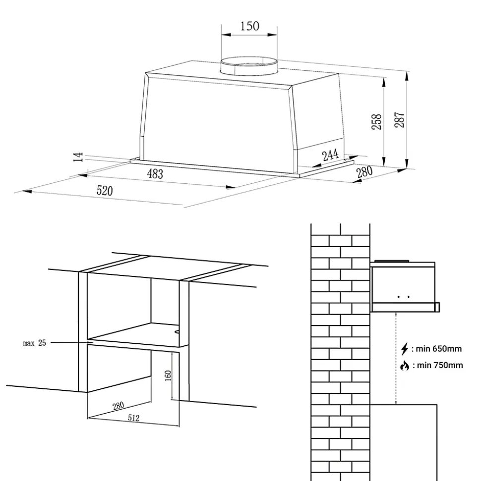Hotte encastrable 52cm 460m3/h 3 Vitesses groupe filtrant controle tactile ou par geste Ciarra CD5931BK