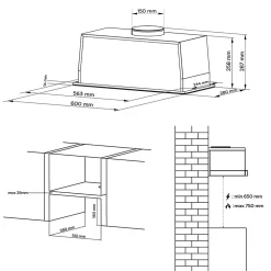 Hotte encastrable 60cm 460m3/h 3 Vitesses groupe filtrant controle tactile ou par geste Ciarra CD6931BK