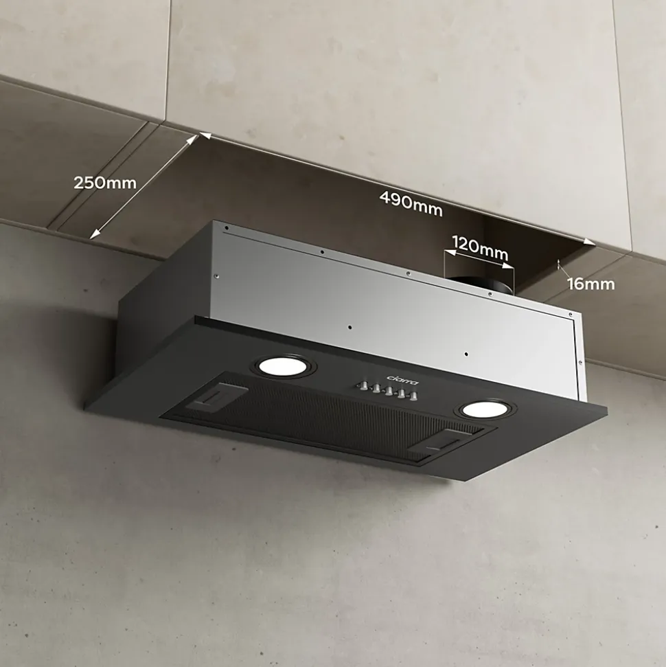 Hotte encastrable 52cm 300m3/h 3 vitesses groupe filtrant évacuation ou recyclage noir Ciarra 913ABK52