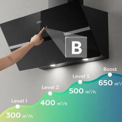 Hotte inclinée 90cm 650m3/h 4 vitesses wifi connectée tactile évacuation ou recyclage noir Ciarra CD9736FB