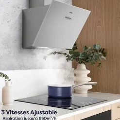 Hotte inclinée 60cm 650m3/h 3 vitesses évacuation ou recyclage inox Ciarra CD6762AS