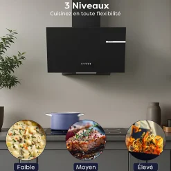 Hotte inclinée 60cm 600m3/h 3 vitesses évacuation ou recyclage noir Ciarra CD6765AB