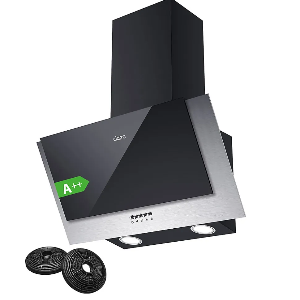Hotte inclinée 60cm murale 350m3h 3 vitesses évacuation ou recyclage classe a++ noir Ciarra 736CBK60