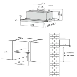 Hotte tiroir encastrable 60cm 370m3/h 2 vitesses téléscopique évacuation ou recyclage inox Ciarra CD6906DS