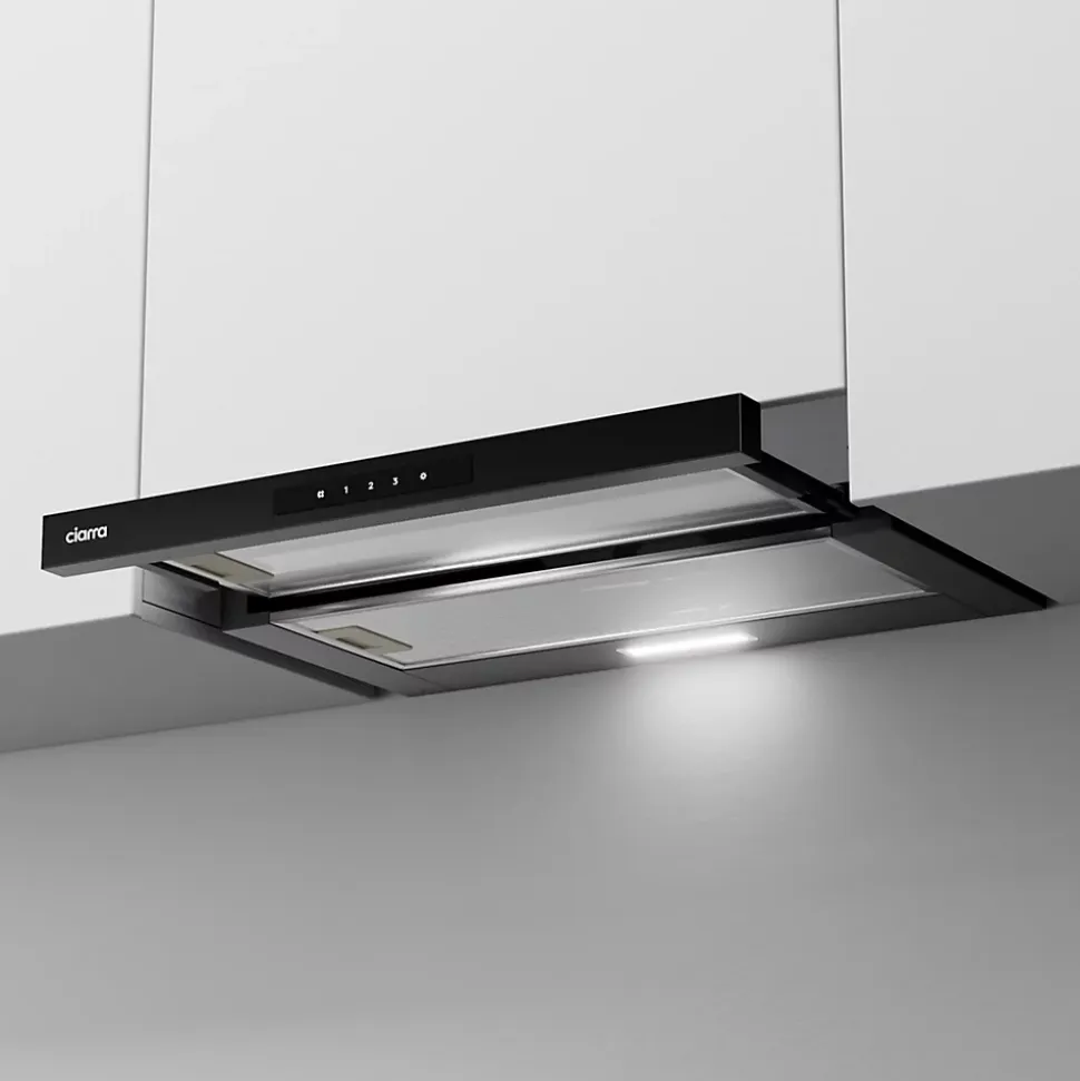 Hotte tiroir encastrable 60cm 580m3/h 3 vitesses tactile évacuation ou recyclage noir Ciarra CD6909AB