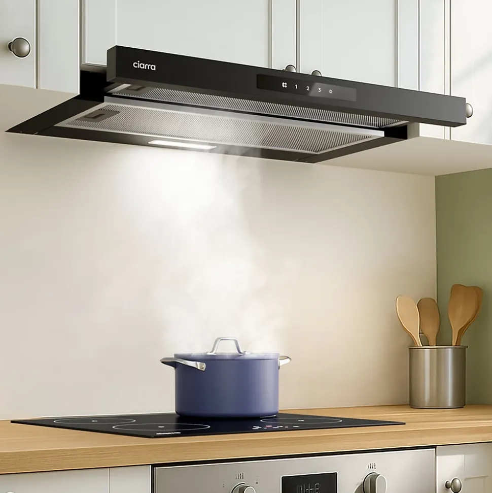 Hotte tiroir encastrable 60cm 580m3/h 3 vitesses tactile évacuation ou recyclage noir Ciarra CD6909AB