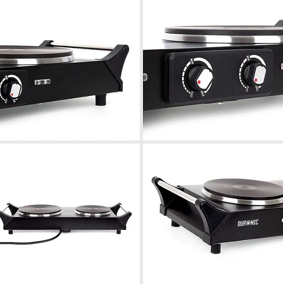 HP2 BK Plaque de cuisson électrique 2500W Foyers de 15 et 20 cm Poignées ergonomiques Thermostat Camping Réchaud Caravane Duronic