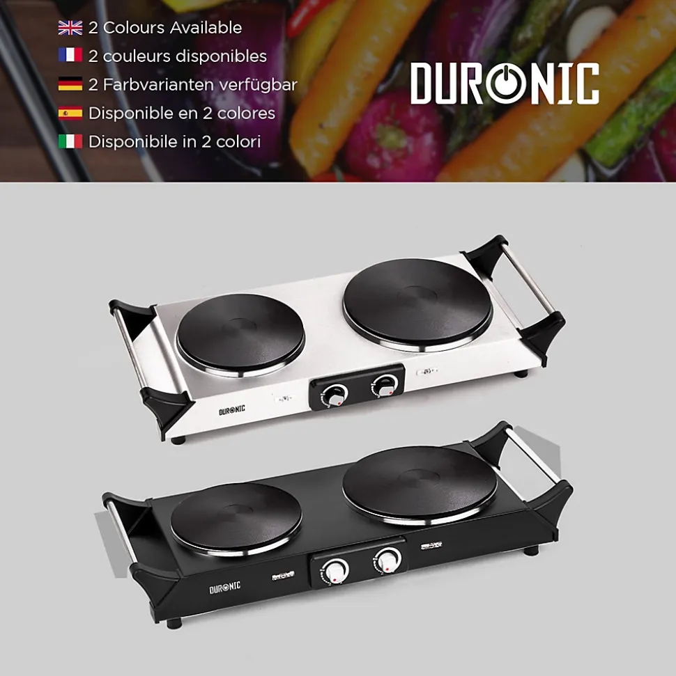 HP2 BK Plaque de cuisson électrique 2500W Foyers de 15 et 20 cm Poignées ergonomiques Thermostat Camping Réchaud Caravane Duronic