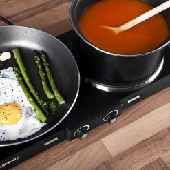 HP2 BK Plaque de cuisson électrique 2500W Foyers de 15 et 20 cm Poignées ergonomiques Thermostat Camping Réchaud Caravane Duronic