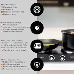 HP2 BK Plaque de cuisson électrique 2500W Foyers de 15 et 20 cm Poignées ergonomiques Thermostat Camping Réchaud Caravane Duronic