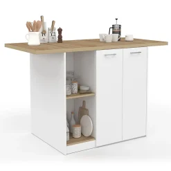 Ilot central BAO 140 cm 4 personnes bois blanc avec plan de travail façon hêtre