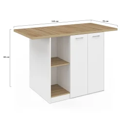 Ilot central BAO 140 cm 4 personnes bois blanc avec plan de travail façon hêtre