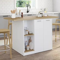 Ilot central BAO 140 cm 4 personnes bois blanc avec plan de travail façon hêtre