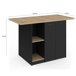 Ilot central BAO 140 cm 4 personnes bois noir avec plan de travail façon hêtre