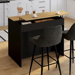 Ilot central CESAR 110 cm avec tablette relevable rectangulaire bois noir et façon hêtre