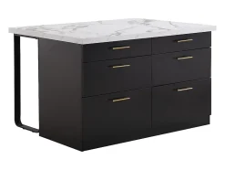 Ilot central de cuisine avec 6 tiroirs en MDF et métal - Noir et Effet Marbre blanc - ALEGRITA