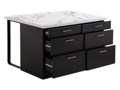 Ilot central de cuisine avec 6 tiroirs en MDF et métal - Noir et Effet Marbre blanc - ALEGRITA