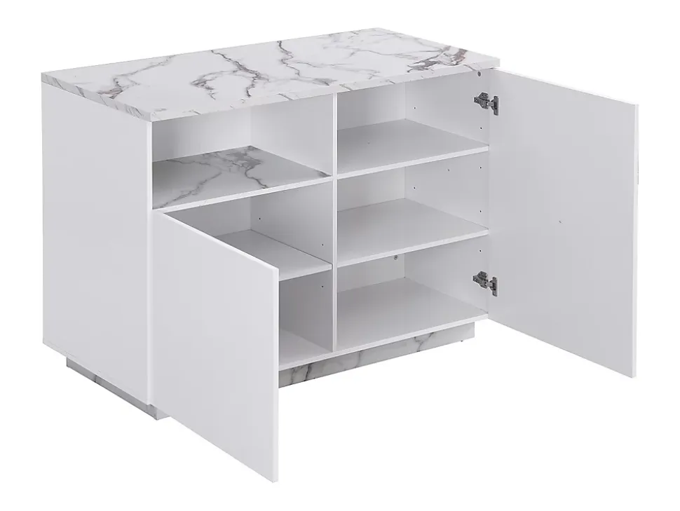 Ilot central de cuisine avec 2 portes et 1 niche en MDF - Effet marbre blanc - CORELINA