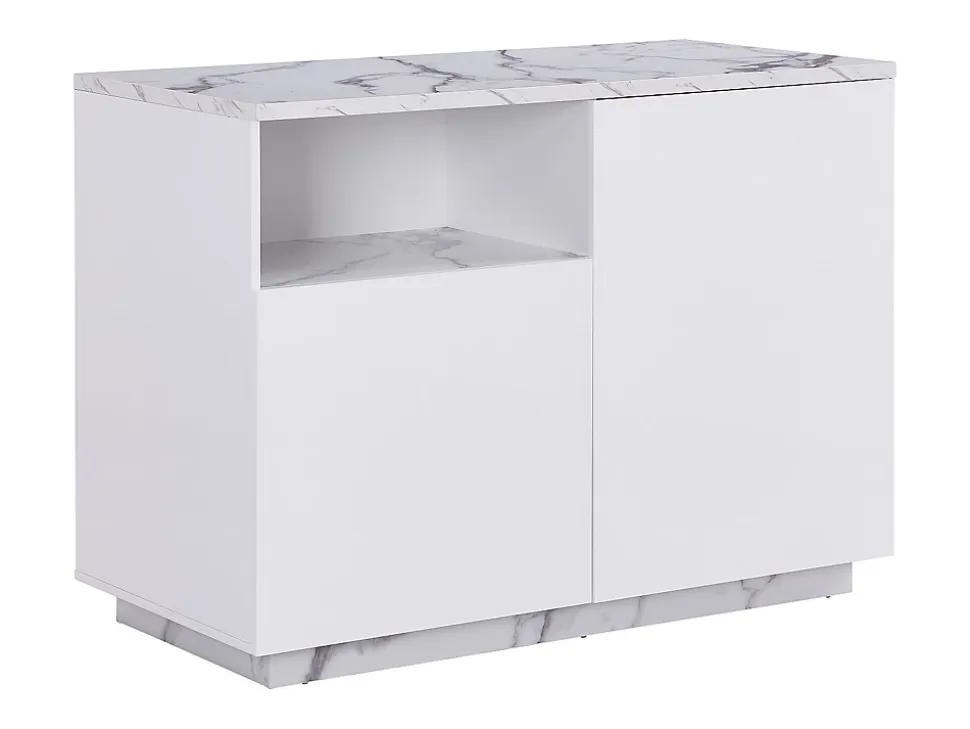 Ilot central de cuisine avec 2 portes et 1 niche en MDF - Effet marbre blanc - CORELINA