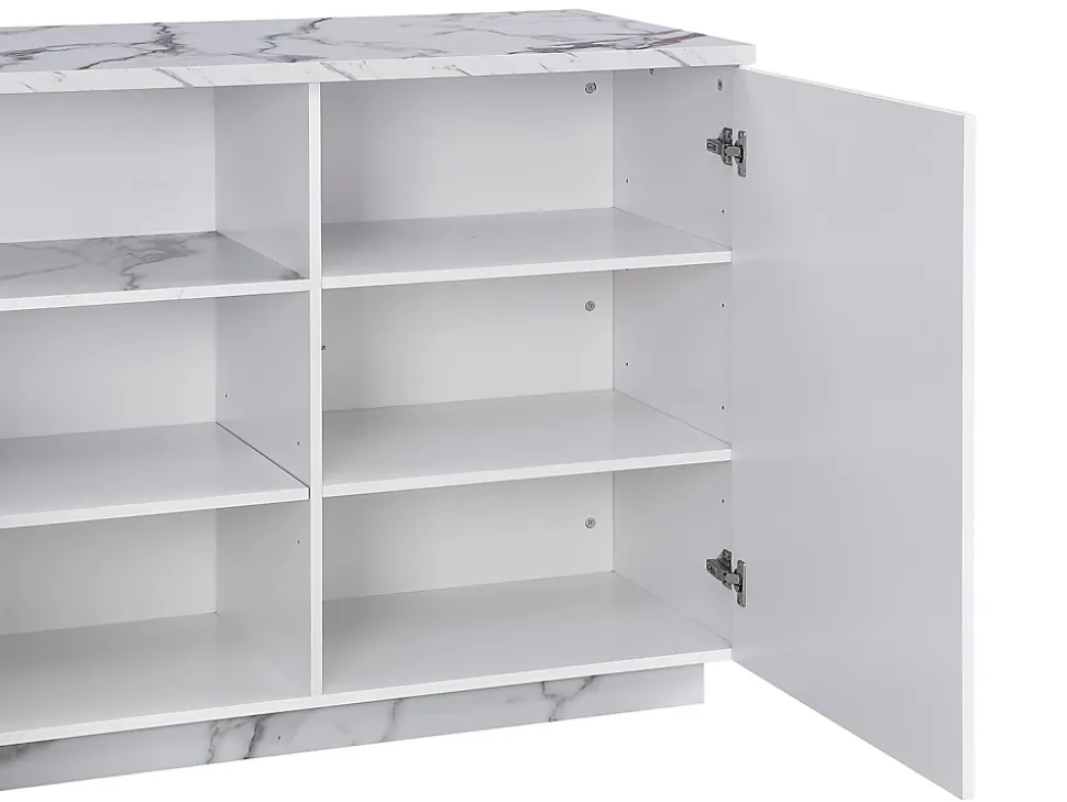 Ilot central de cuisine avec 2 portes et 1 niche en MDF - Effet marbre blanc - CORELINA