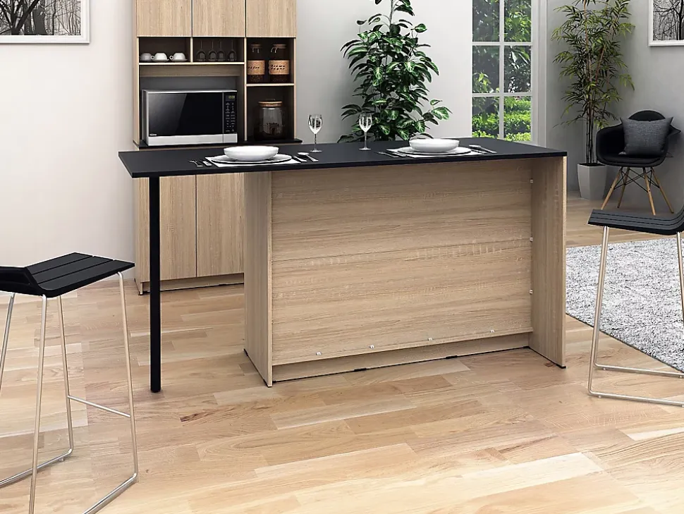 Ilot central de cuisine avec 2 portes, 1 tiroir et 2 niches - Naturel et noir - TUNORI