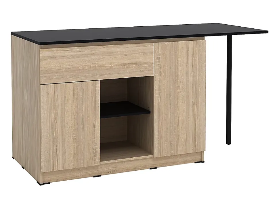 Ilot central de cuisine avec 2 portes, 1 tiroir et 2 niches - Naturel et noir - TUNORI