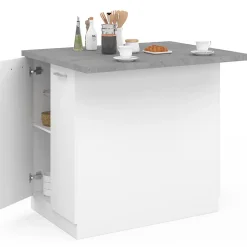 Ilot central IVO 100 cm blanc avec plan de travail effet béton