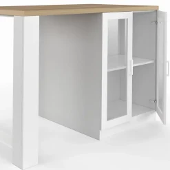 Ilot central LINO 120 cm 2 personnes bois blanc et plan de travail façon hêtre et portes vitrées