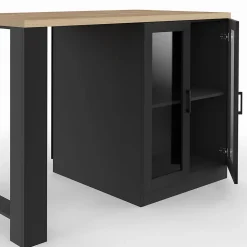 Ilot central LINO 120 cm 2 personnes bois noir avec plan de travail façon hêtre et portes vitrées