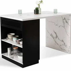 Ilot central mange debout 4 personnes VITO 130 cm noir et plateau effet marbre ALASKA