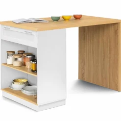 Ilot central mange debout 4 personnes VITO 130 cm blanc et plateau bois