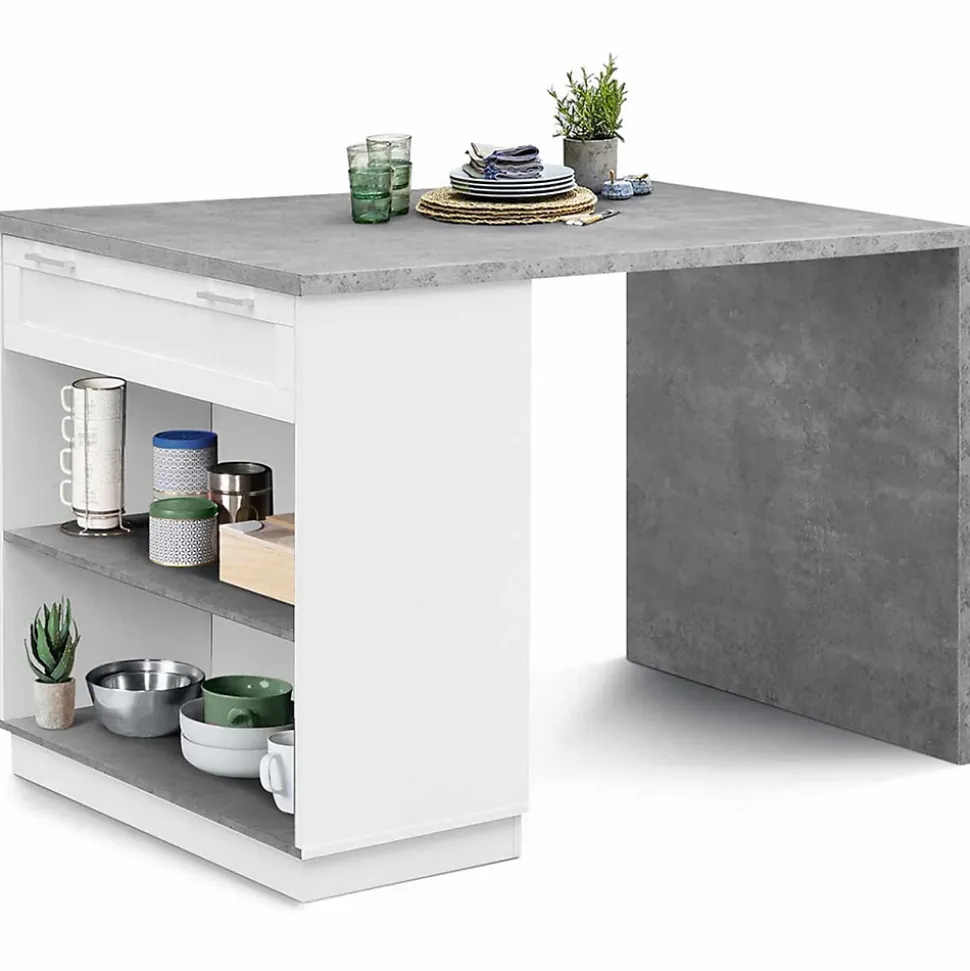 Ilot central mange debout 4 personnes VITO 130 cm blanc et plateau effet béton