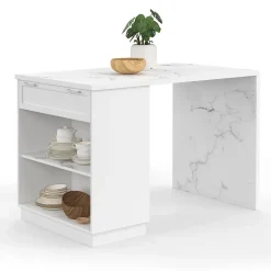 Ilot central mange-debout 4 personnes VITO 130 cm blanc et plateau marbre ALASKA