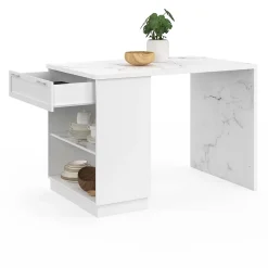 Ilot central mange-debout 4 personnes VITO 130 cm blanc et plateau marbre ALASKA