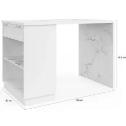 Ilot central mange-debout 4 personnes VITO 130 cm blanc et plateau marbre ALASKA