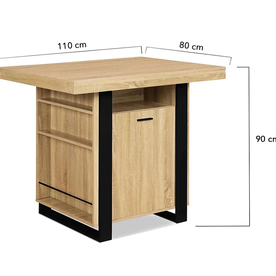 Ilot central PHOENIX 110 cm bois et noir avec rangements