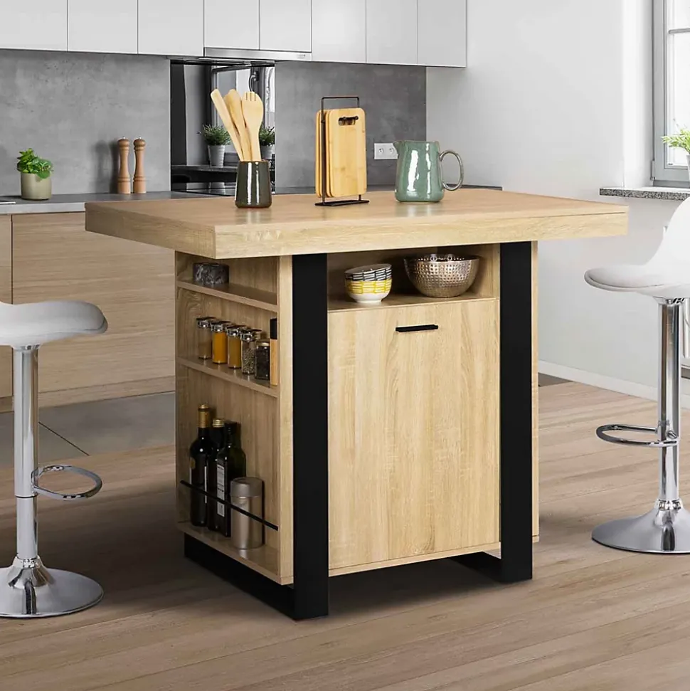 Ilot central PHOENIX 110 cm bois et noir avec rangements