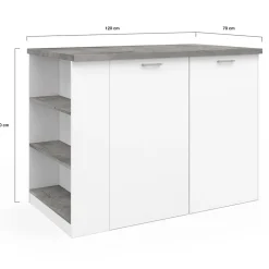 Ilot central TIBO 120 cm bois blanc avec plan de travail façon béton