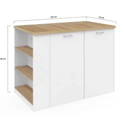 Ilot central TIBO 120 cm bois blanc avec plan de travail façon hêtre