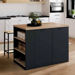 Ilot central TIBO 120 cm bois noir avec plan de travail façon hêtre
