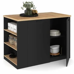 Ilot central TIBO 120 cm bois noir avec plan de travail façon hêtre